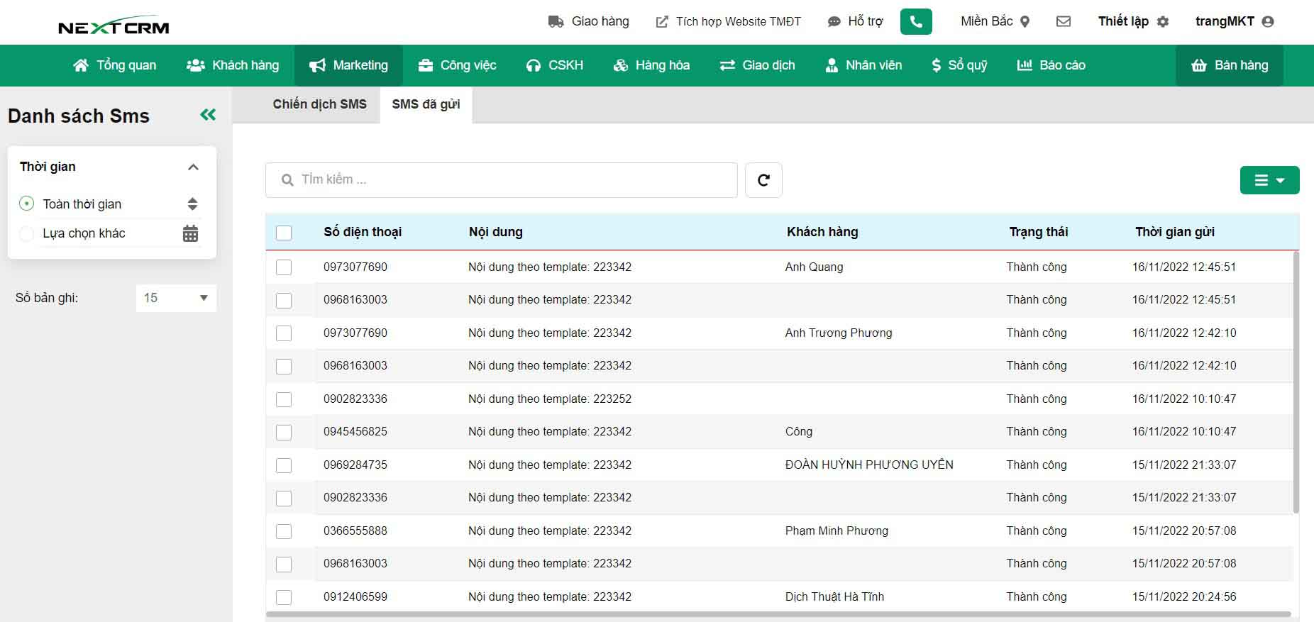 danh sach sms da gui