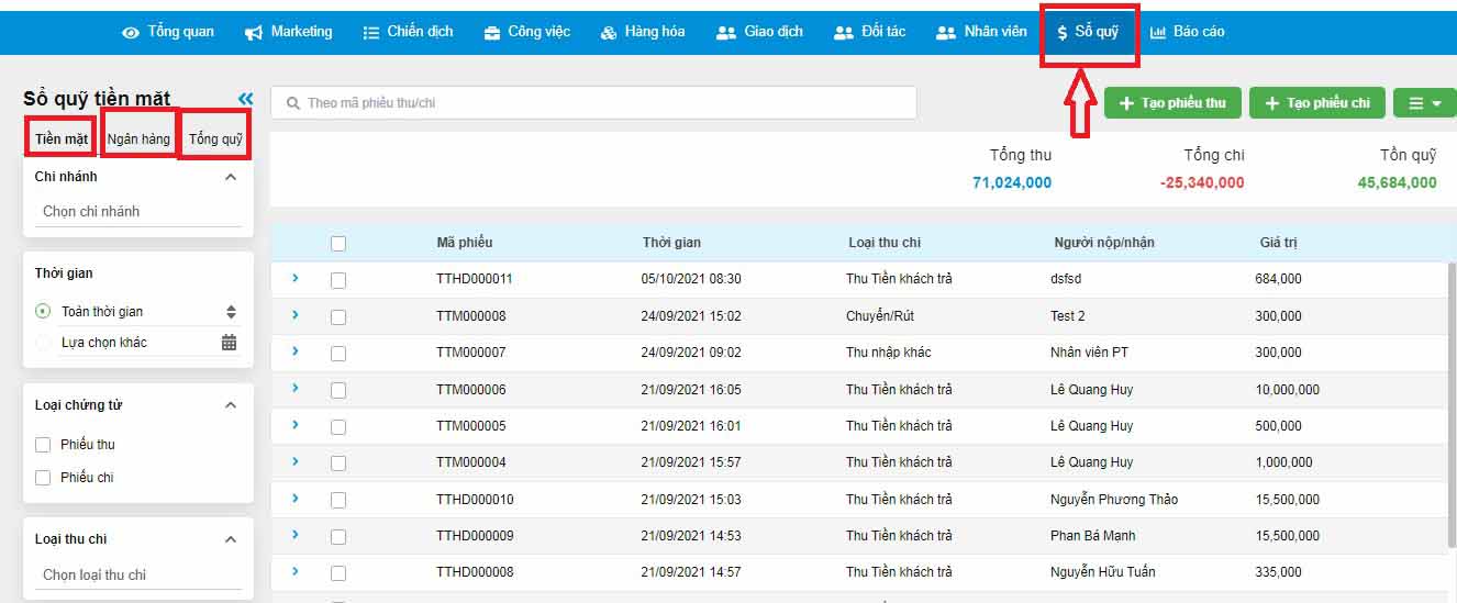quản lý sổ quỹ
