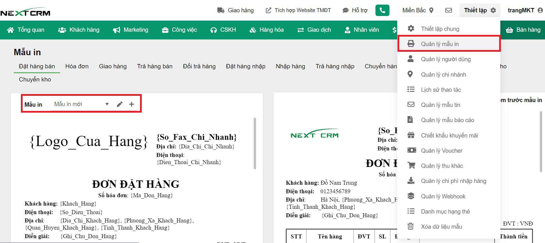 thiết lập mẫu in